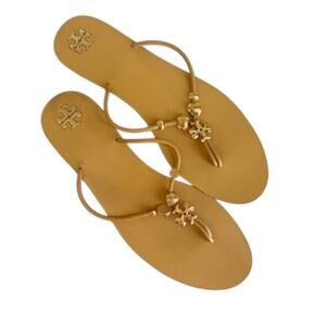 TORY BURCH Capri Beaded Thong Sandals Mustard Leather Slip-On Size 10.5 Boho